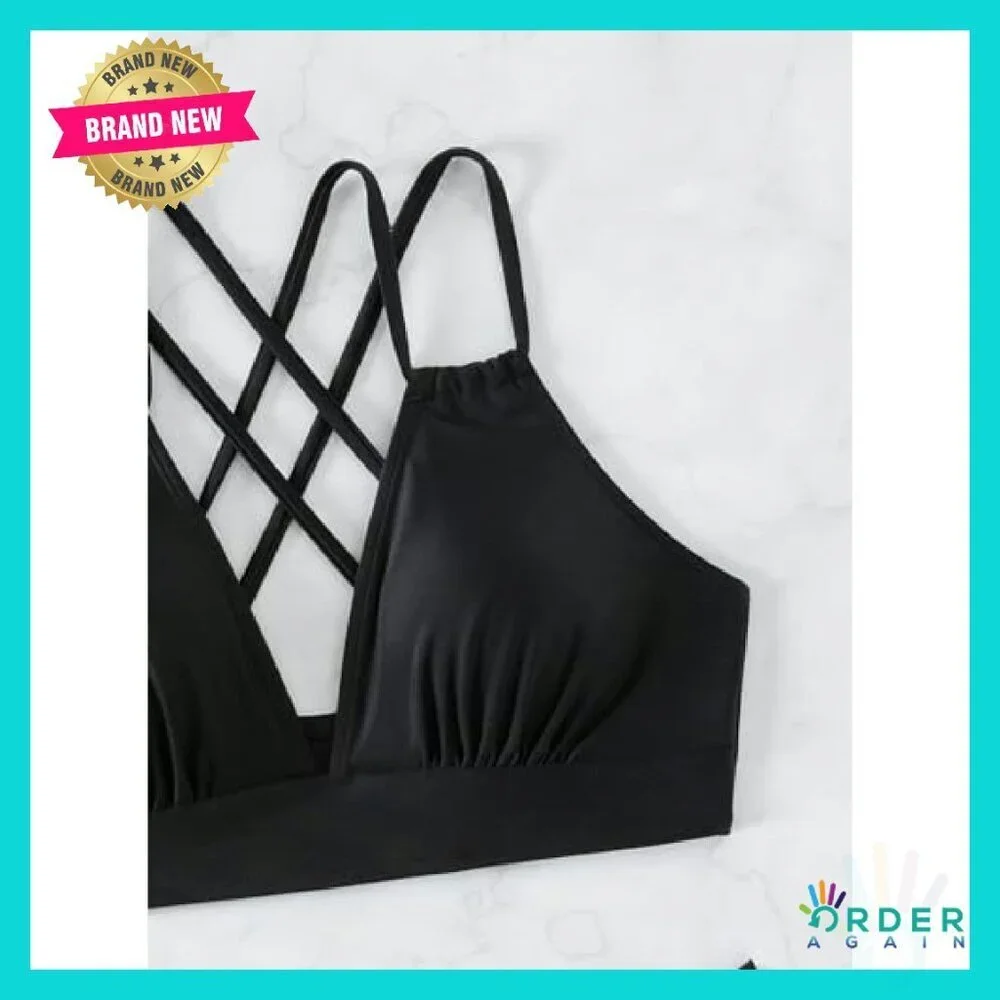 Sexy V Neck Bikini Set Hollow Out Cutout Mid Waist Two Piece Swimsuit
